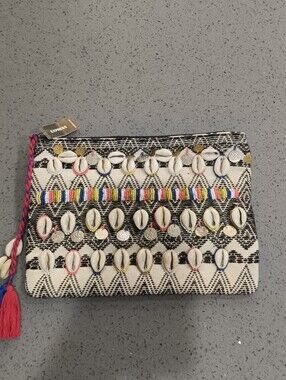 Express Black & White Tribal Clutch with Shells and Colorful Trim